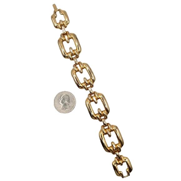 💫 Vintage Gold Tone Link Bracelet ✨ Chunky Textured Fold Over Clasp 7" - Picture 3 of 7